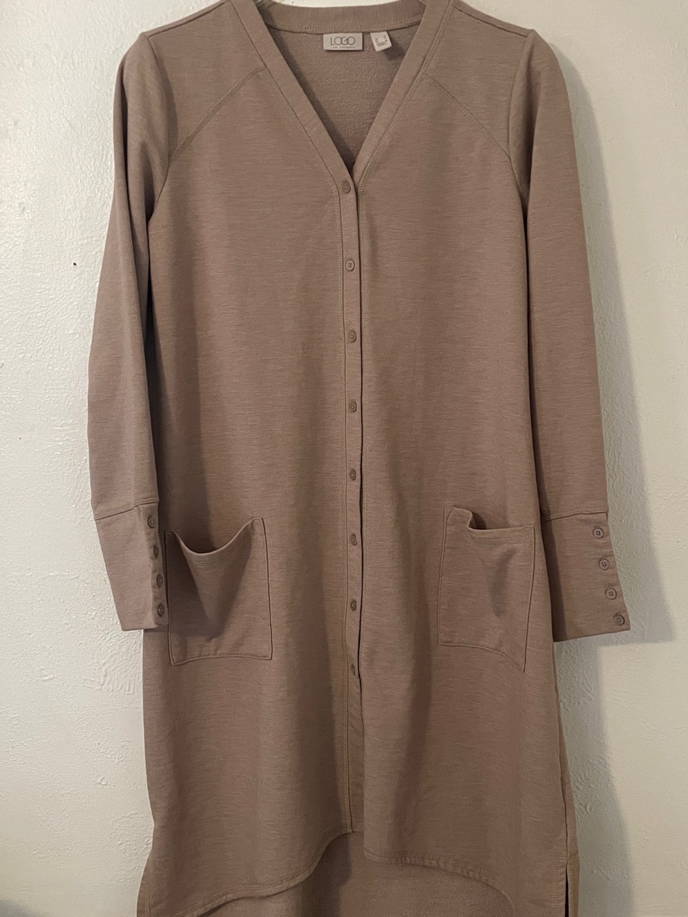 LOGO Lori Goldstein Taupe Long Button Up Hi Low Jacket Cardigan Small